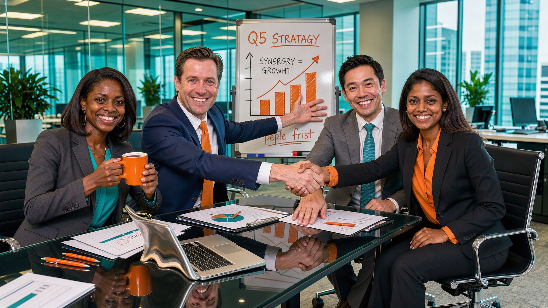 Four Corp Inc. team members collaborating on Q5 strategy. Everyone is accounted for. Hands are approximately accounted for.