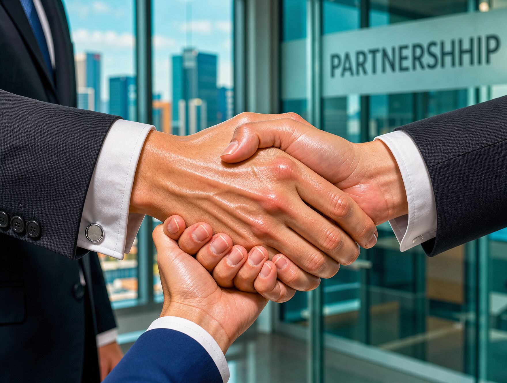 Strategic partnership handshake between two partners and one additional partner.