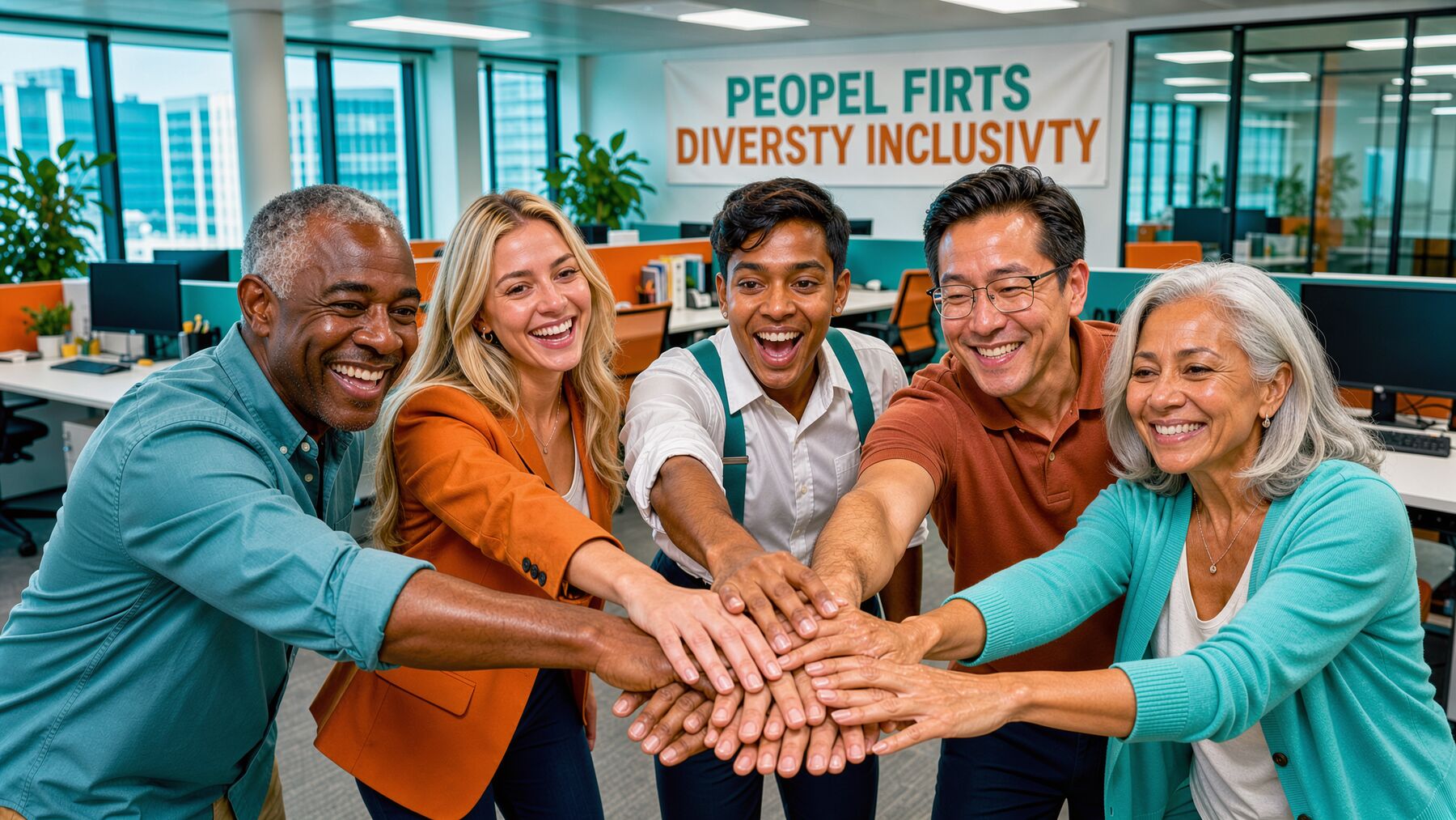 Real Corp Inc. team members joining hands in a moment of genuine, unscripted unity.